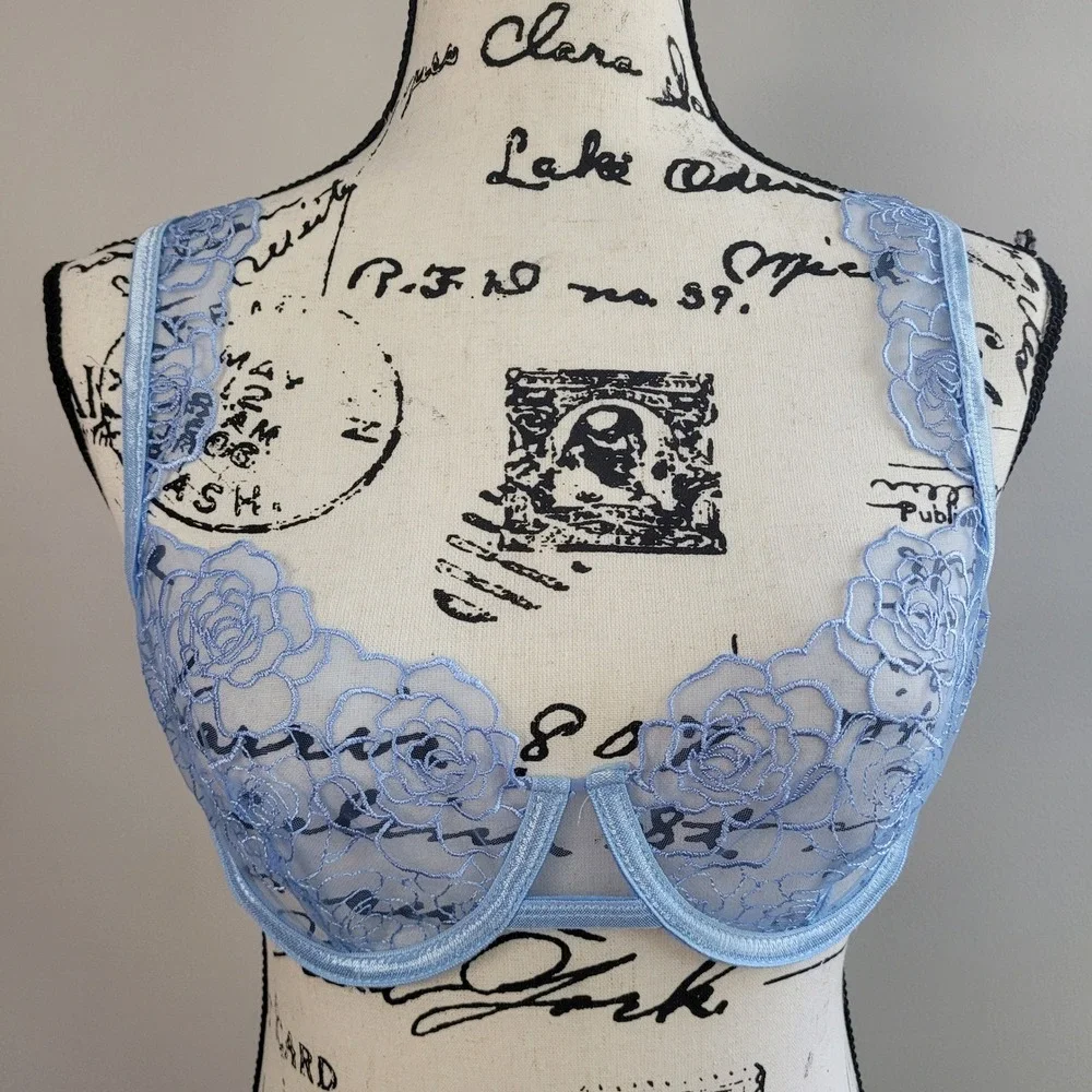 Blue lace‎ bra sheer floral medium rose print pastel coquette feminine romantic